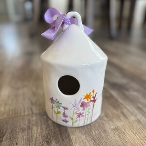 Rae Dunn Ceramic Birdhouse with Floral Design and Purple Ribbon